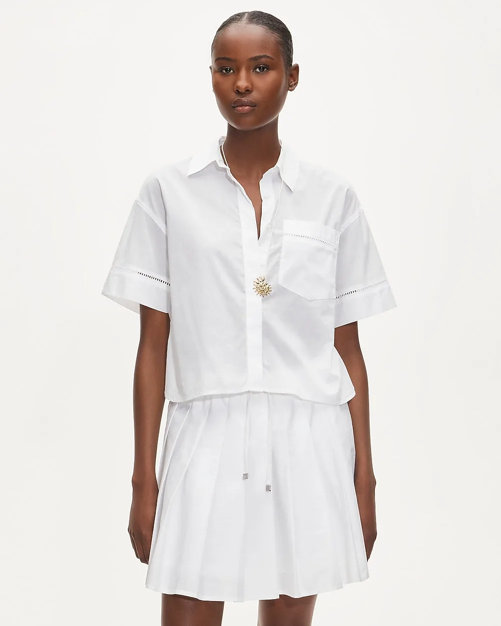 Étienne Cropped Button-Up Shirt in Eyelet Sateen