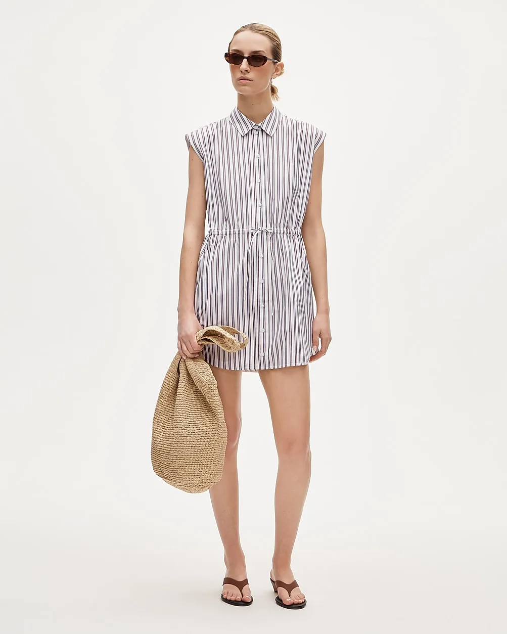 Mini Cap-Sleeve Shirt-Dress in Striped Cotton Poplin