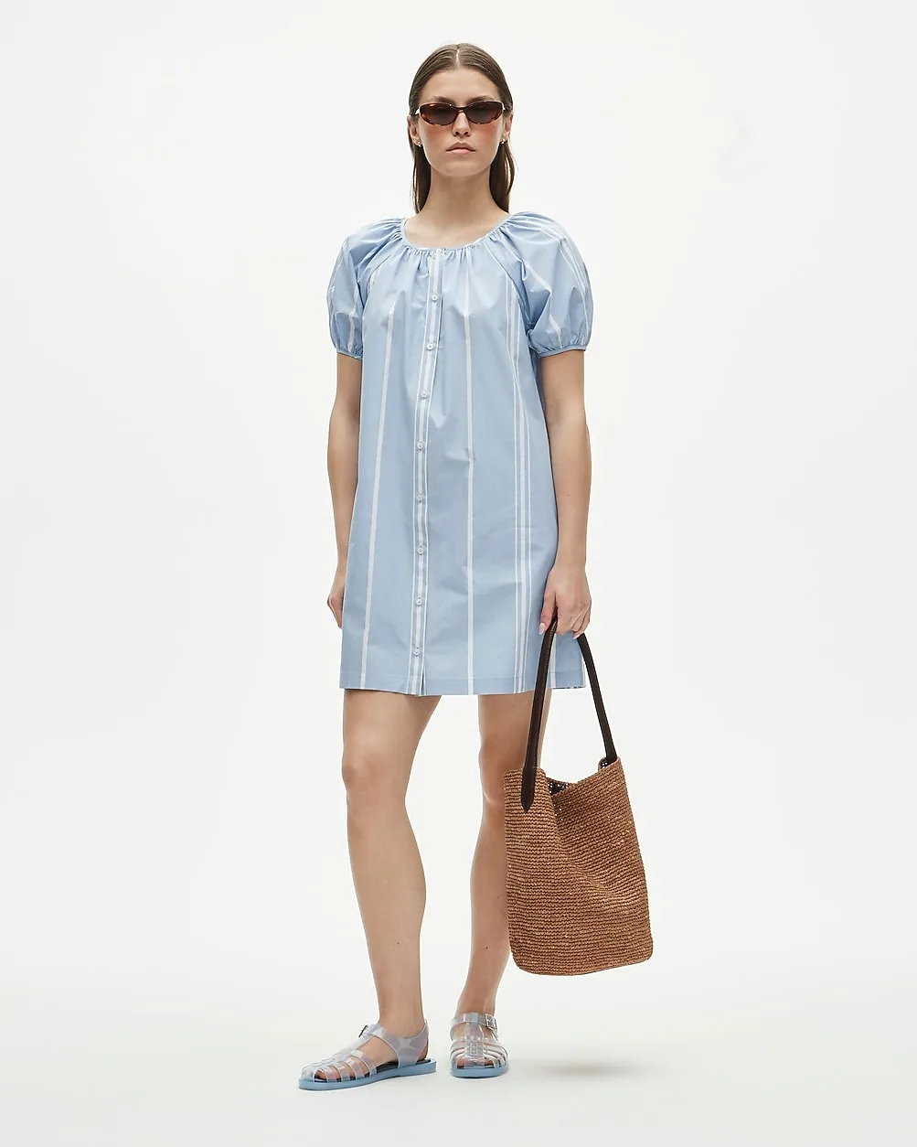 Puff-Sleeve Popover Dress in Striped Cotton Poplin