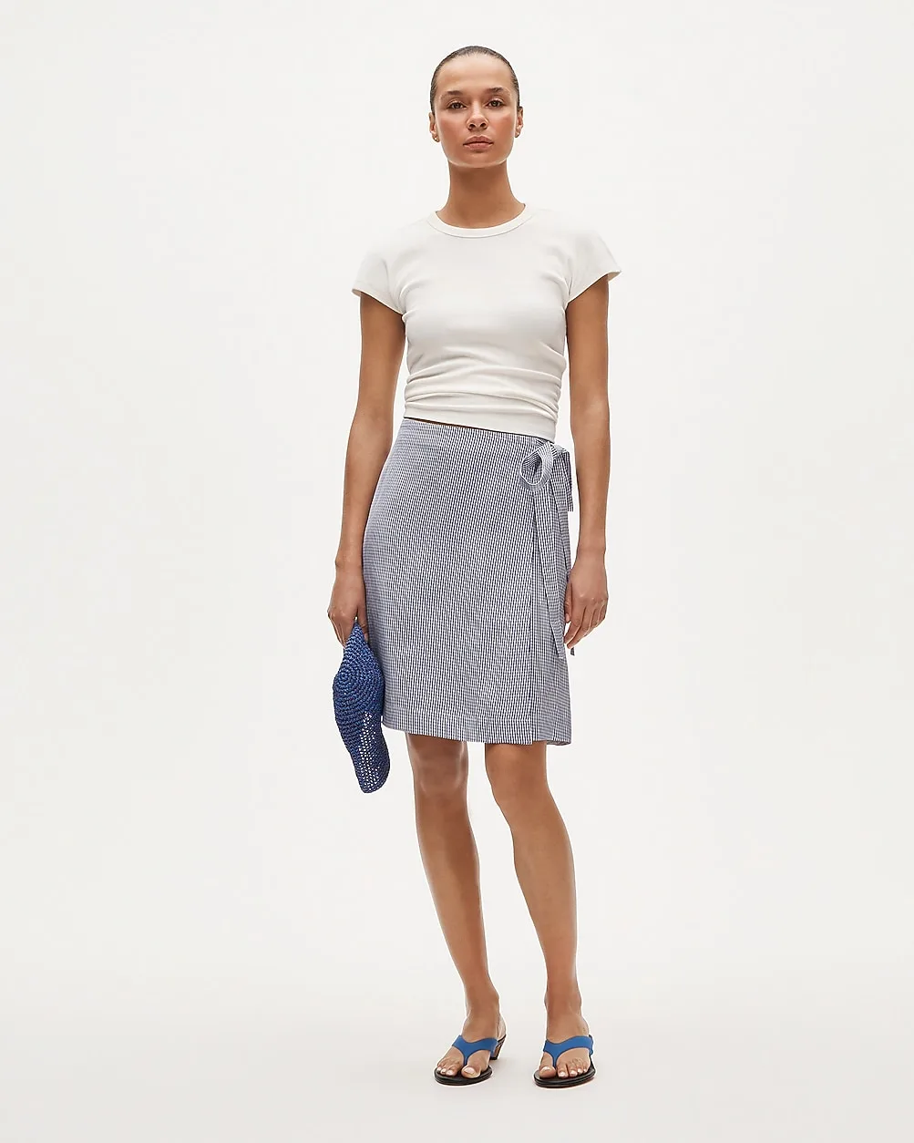 Knee-Length Wrap Skirt in Gingham Linen Blend