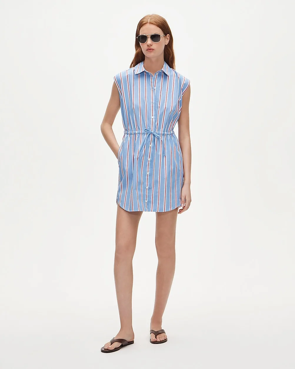 Cap-Sleeve Shirt-Dress in Striped Cotton Poplin