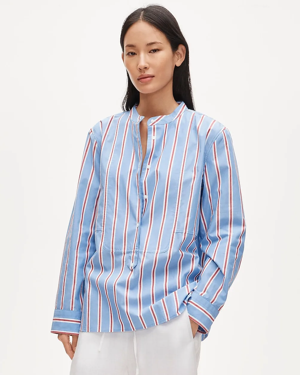 Tuxedo-Bib Button-Up in Striped Cotton Poplin