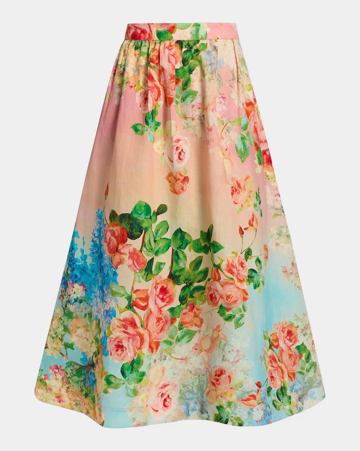 Floral Ombré Cotton-Linen Midi Skirt