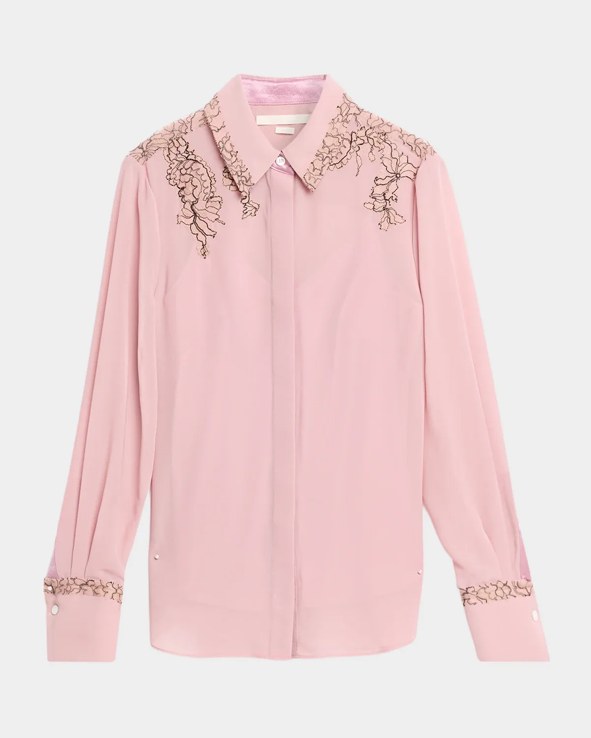 Lace-Inset Crepe Chiffon Button-Down Shirt
