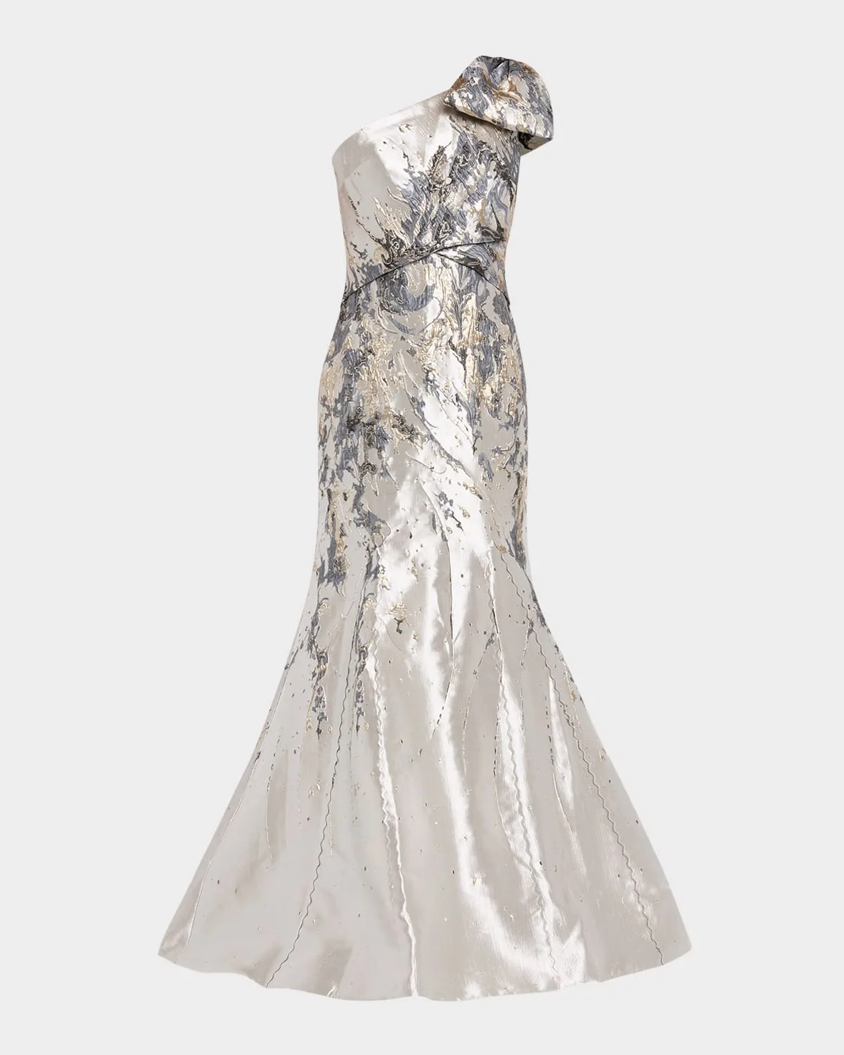 One-Shoulder Bow Metallic Brocade Trumpet Gown