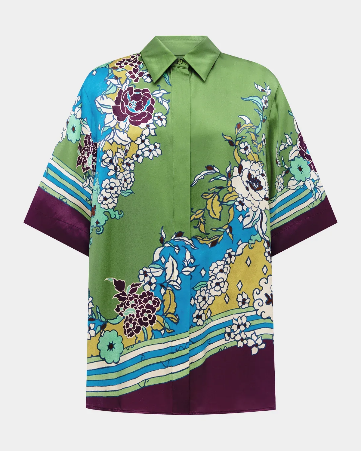 Nanci Back-Slit Floral Silk Shirt