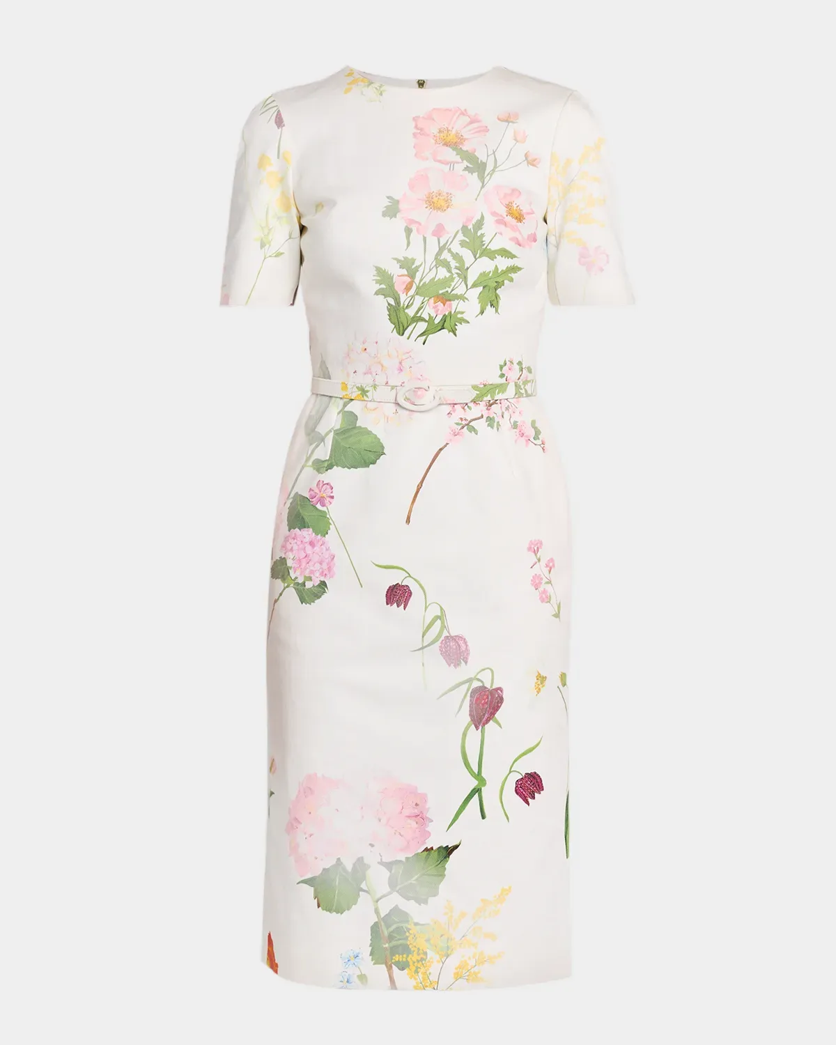 Faded Botanical Short-Sleeve Midi Dress with Belt