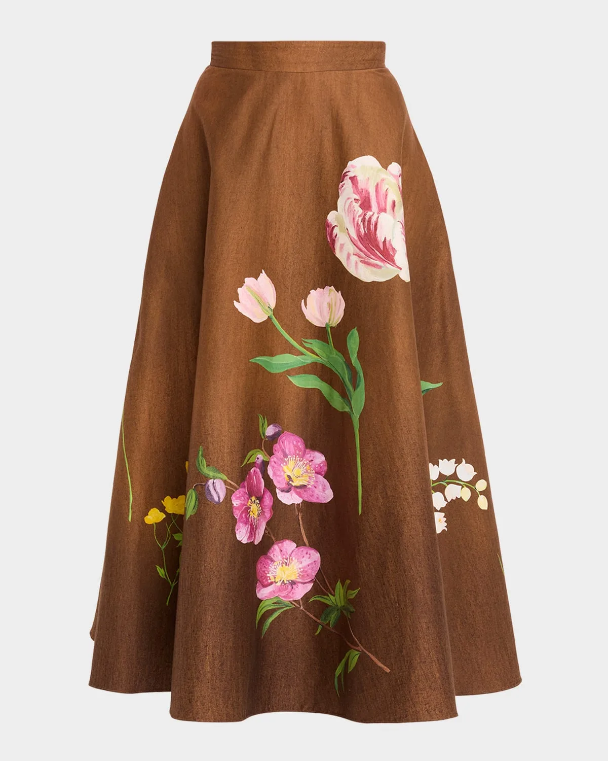 Mixed Botanical Print Cotton Midi Skirt