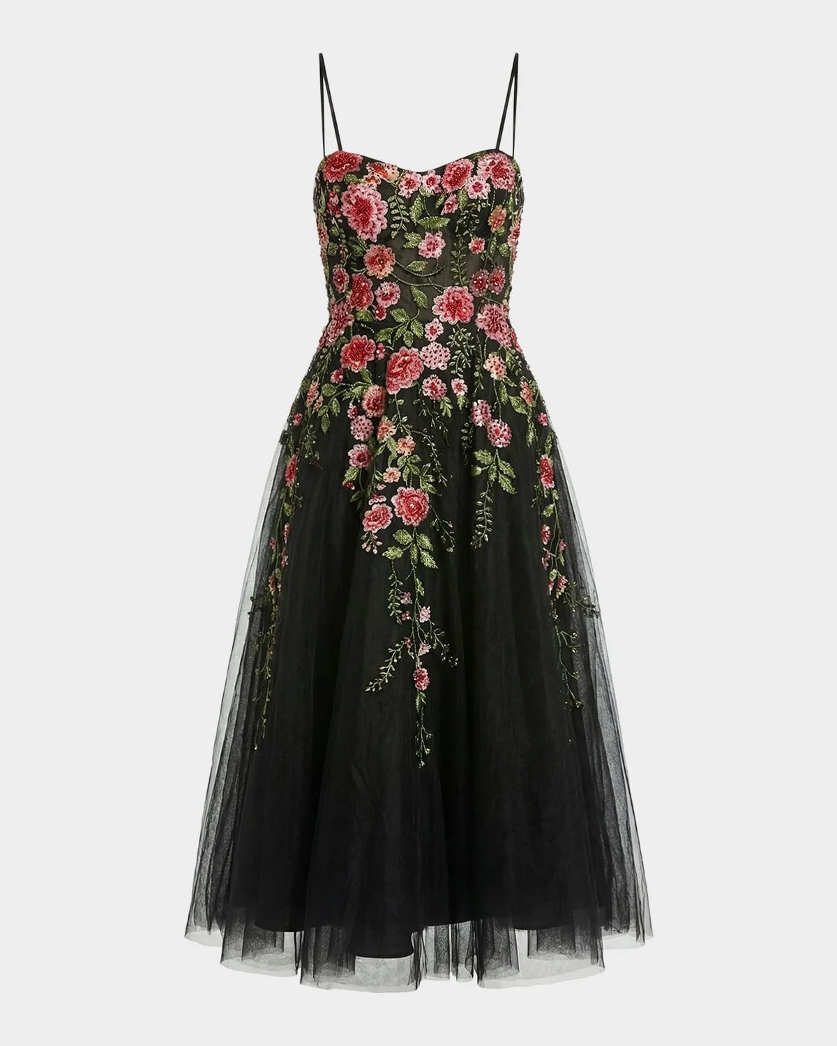 Floral-Embroidered Tulle Midi Dress