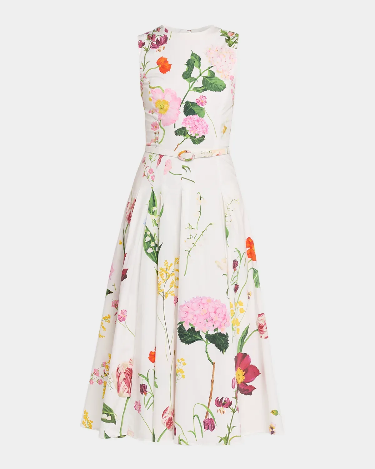 Sleeveless Mixed Botanical Pleated Midi Day Dress with Belt