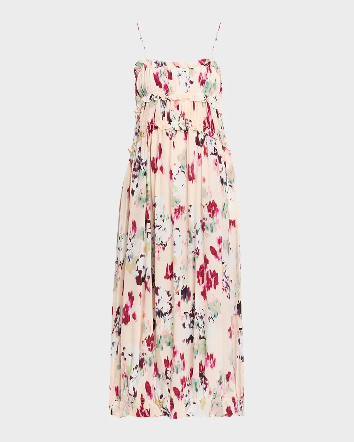 Clove Ruffled Floral Silk A-Line Midi Dress