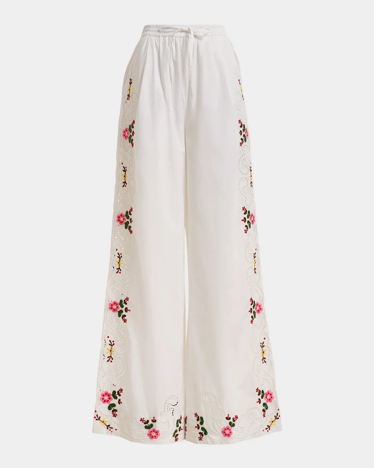 Embroidered Wide-Leg Cotton Pants