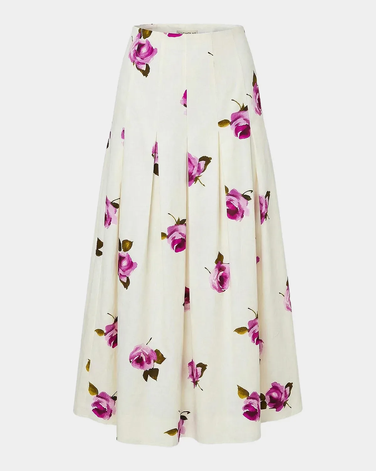 Jordana Pleated Floral Linen-Blend Midi Skirt