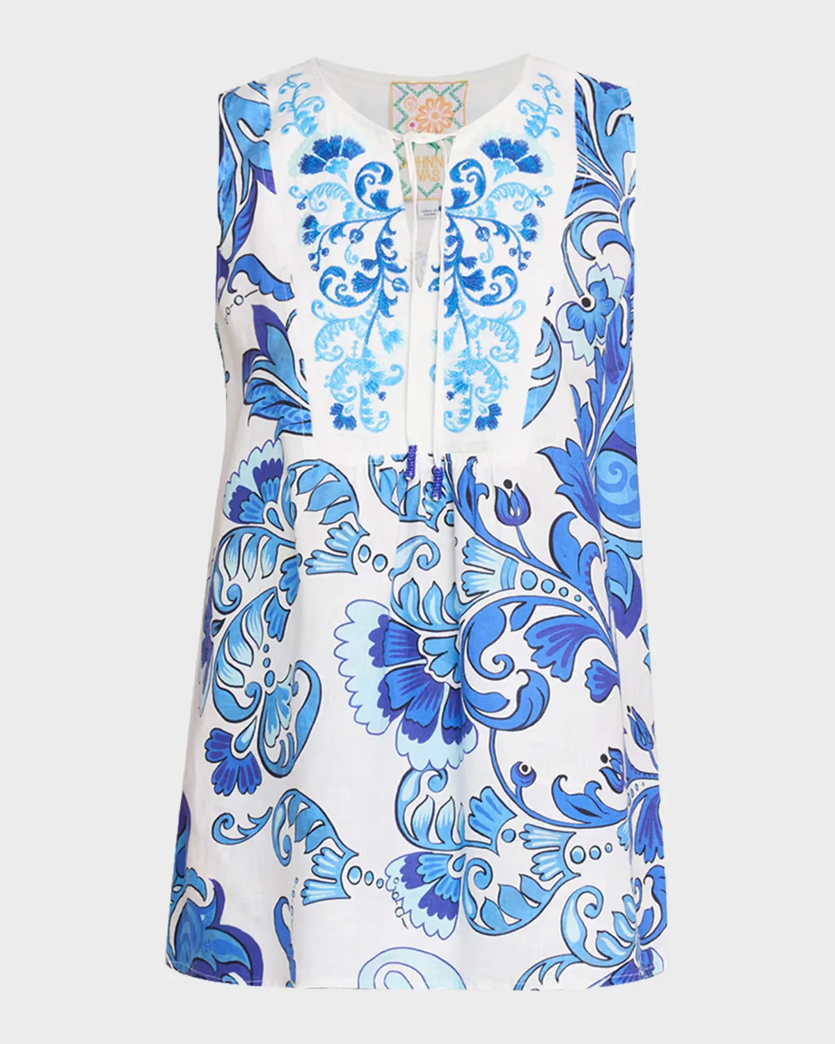 Embroidered Floral-Print Linen Tank Top