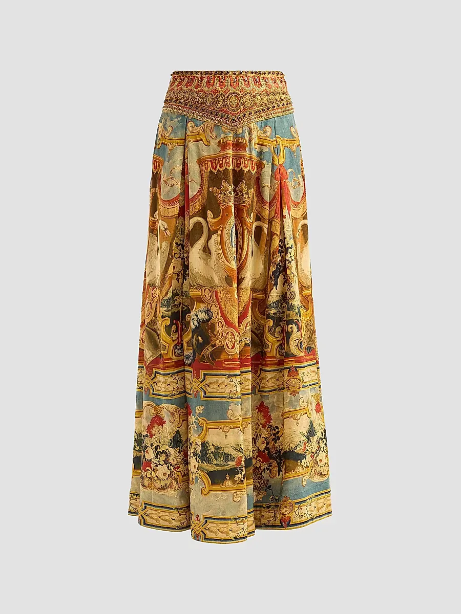 Corset Waist Linen-Silk Maxi Skirt