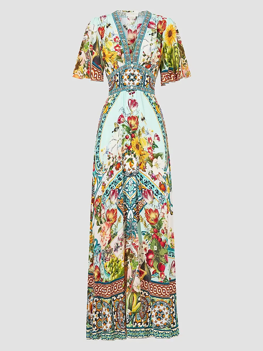 Magic of the Mercado Print Silk Maxi Dress