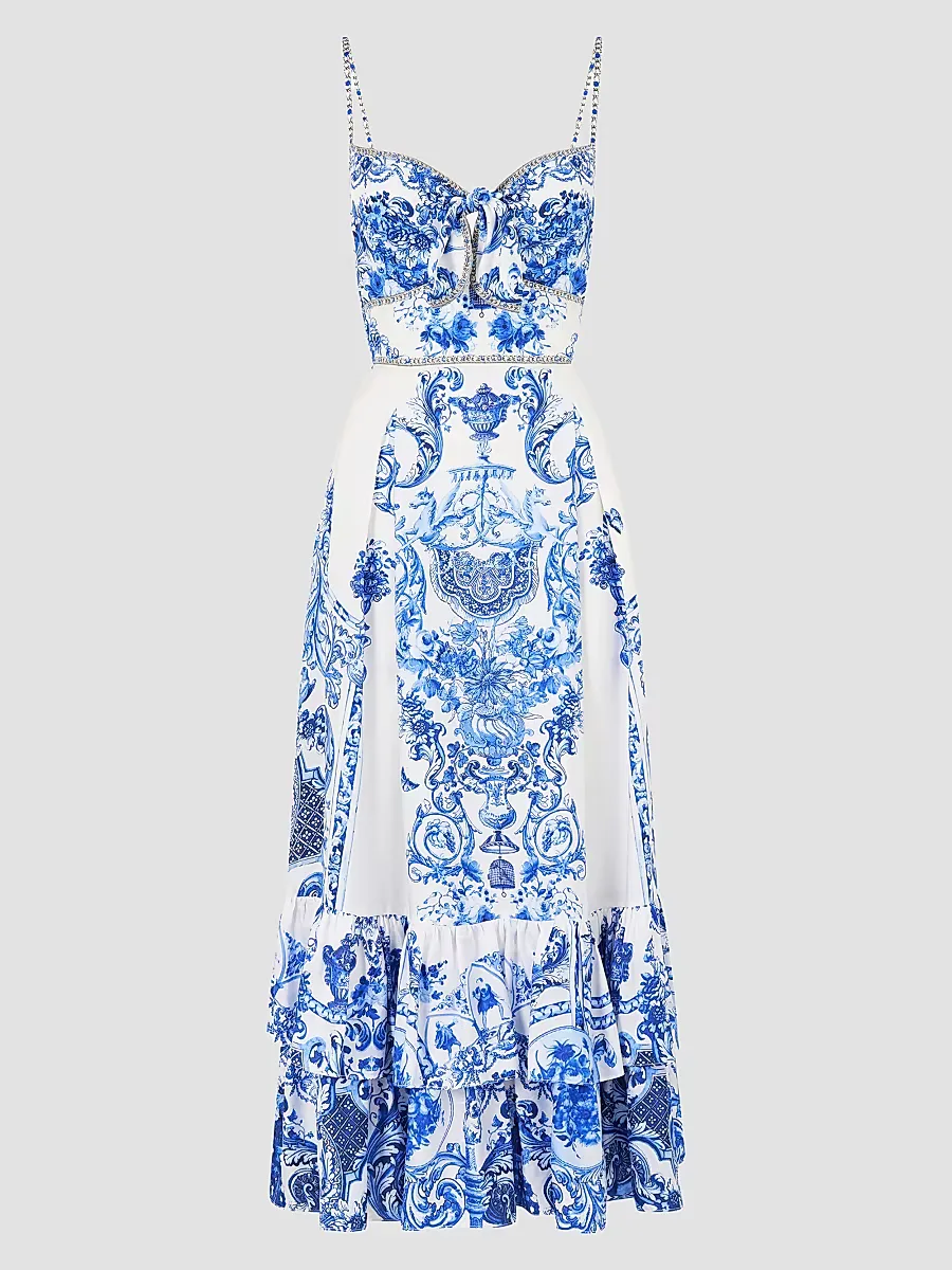 Ceramic Panoramic Print Silk Ruffle-Hem Midi Dress