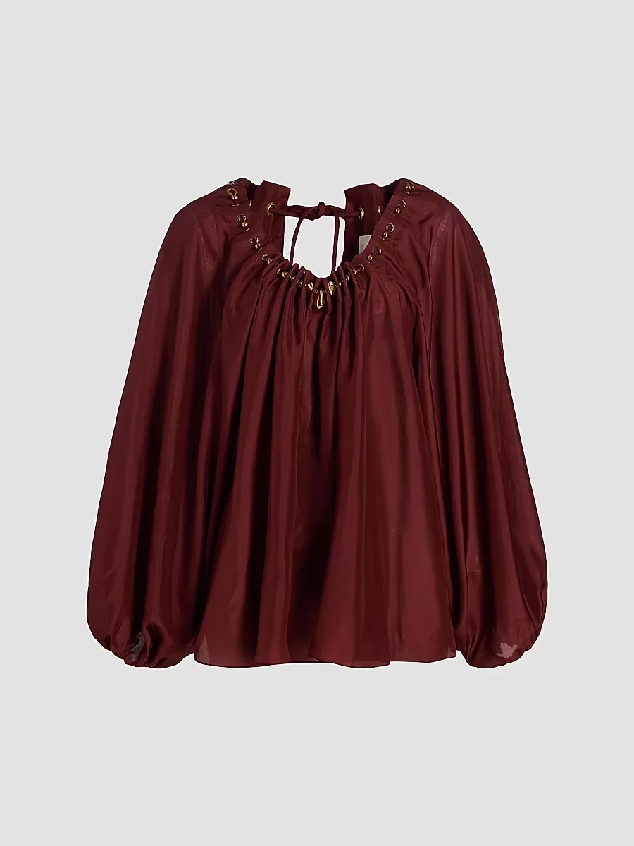 Aster Bead-Detail Gathered Silk Blouse