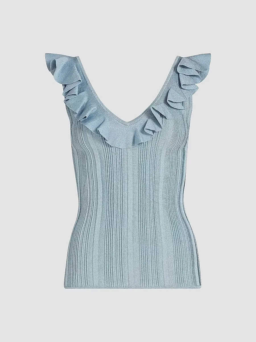 Aster Metallic Rib-Knit Frill Top