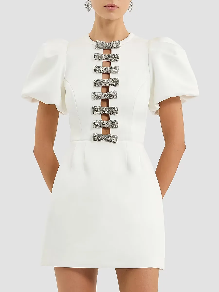 Blaise Embellished-Bow Puff-Sleeve Minidress