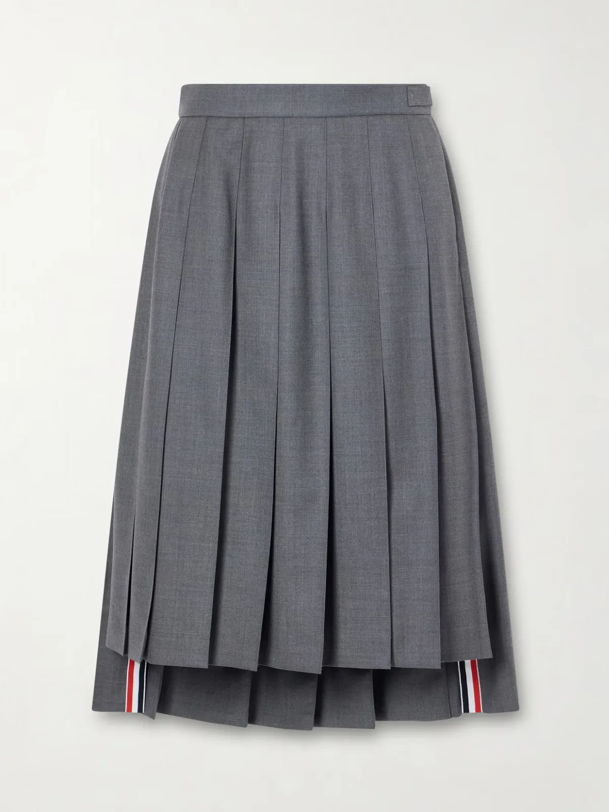 Asymmetric Grosgrain-Trimmed Pleated Wool Midi Skirt