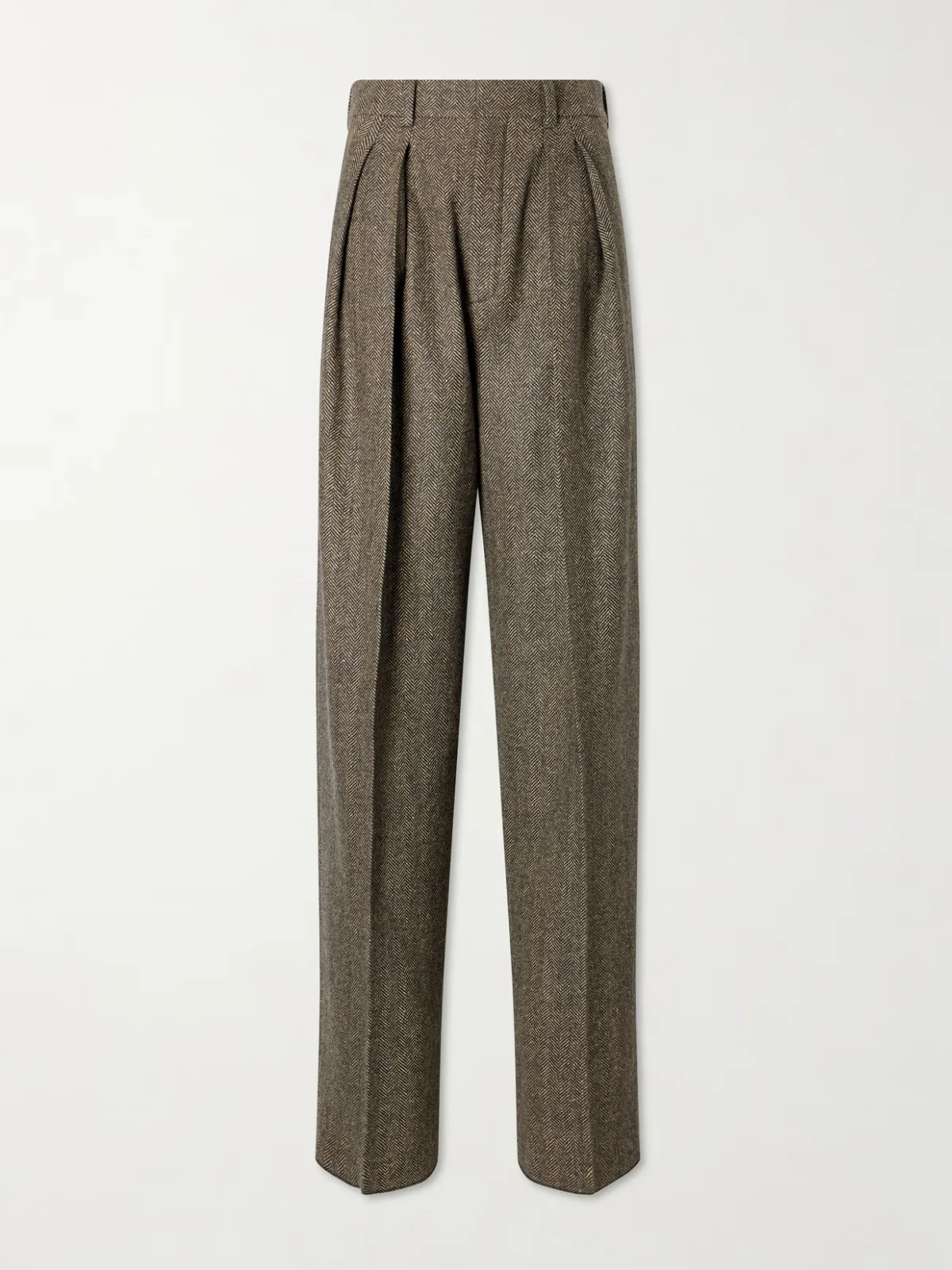 Pleated Herringbone Wool-Blend Straight-Leg Pants
