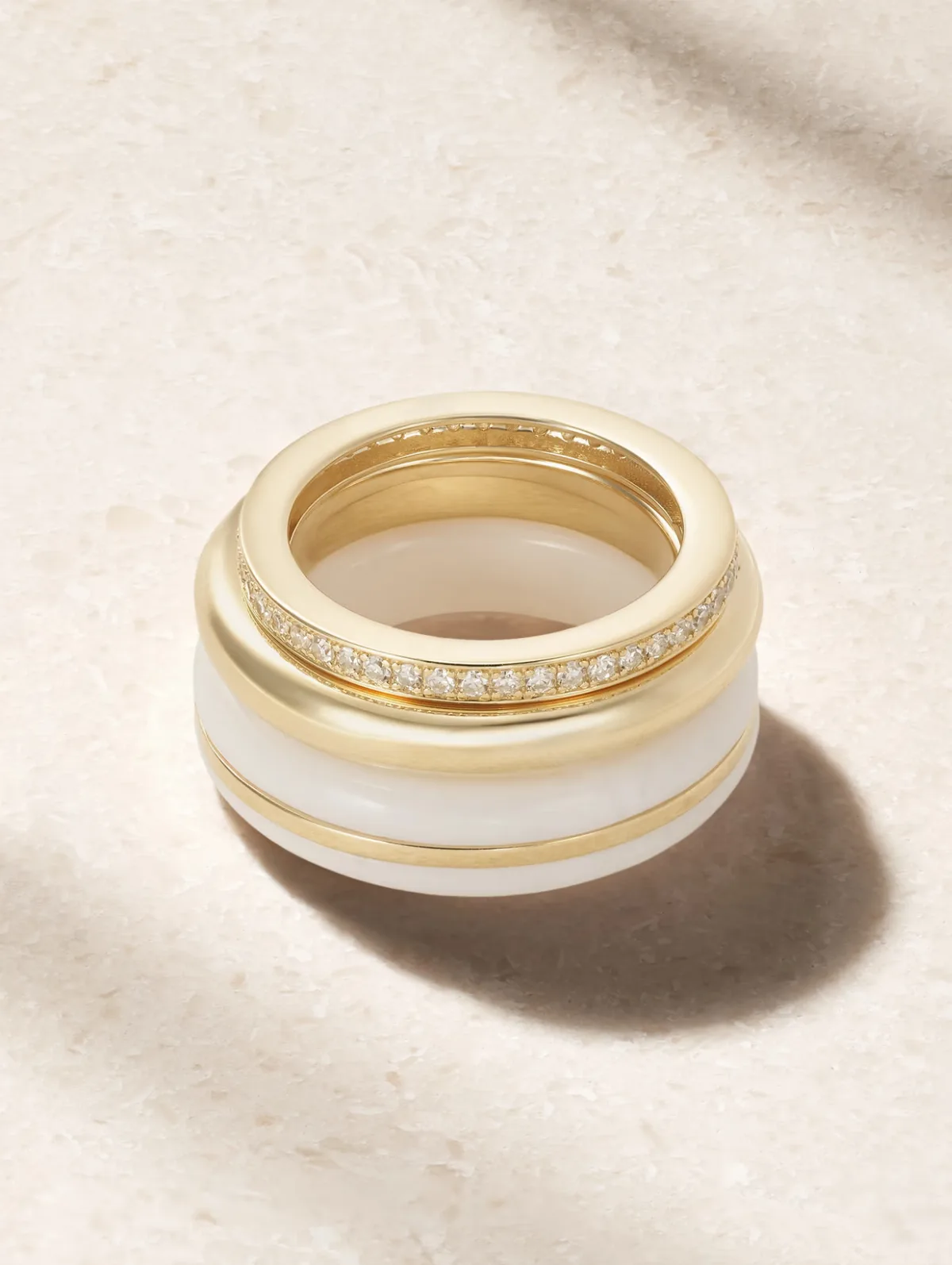 Set of a Three 14-Karat Recycled Gold, Diamond and Agate Rings