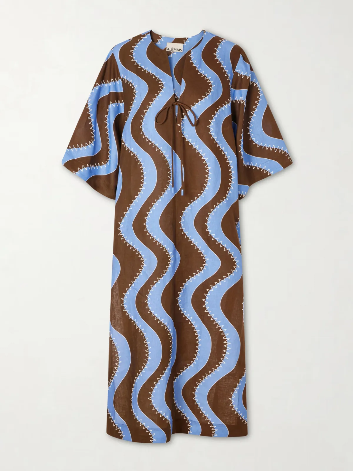 Tie-Detailed Embroidered Linen Midi Dress
