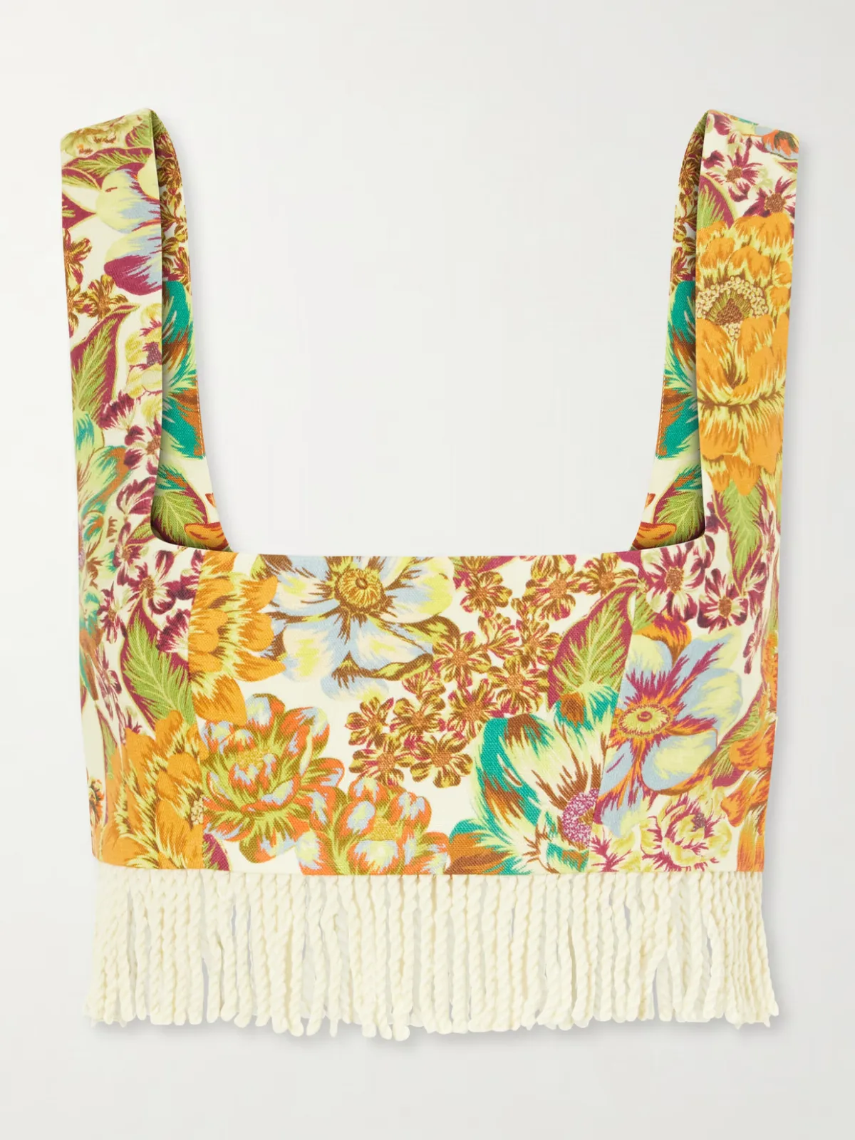 Fringed Cropped Floral-Print Linen Top
