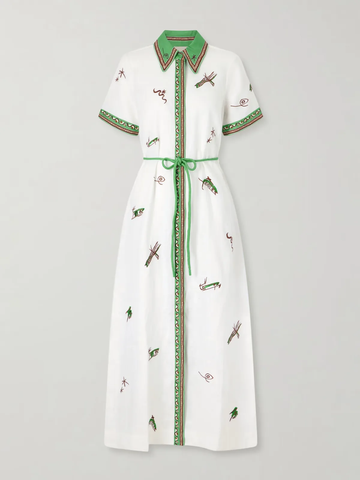 Wanda Belted Embroidered Linen Midi Shirt Dress
