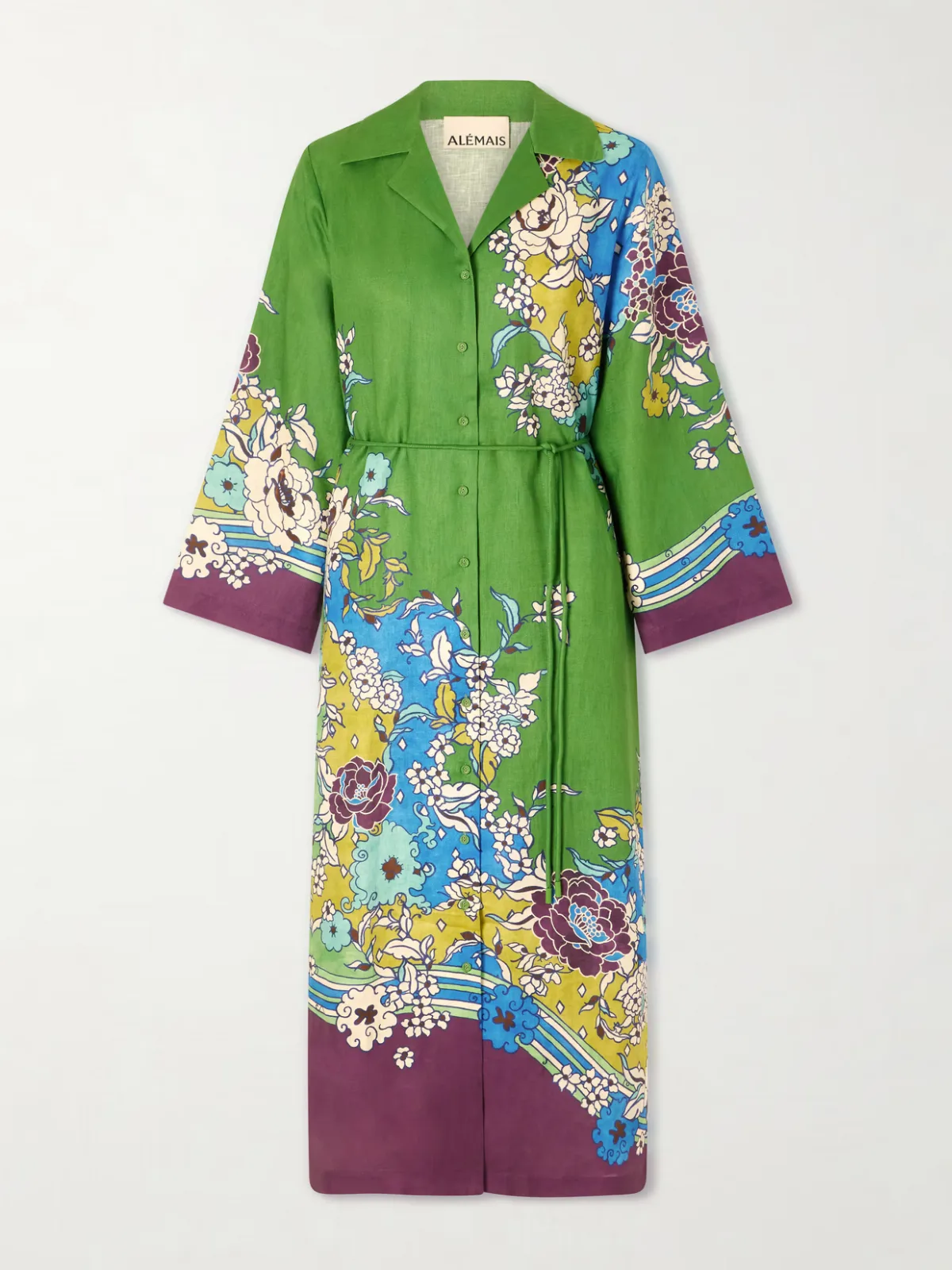 Nanci Belted Floral-Print Linen Midi Dress