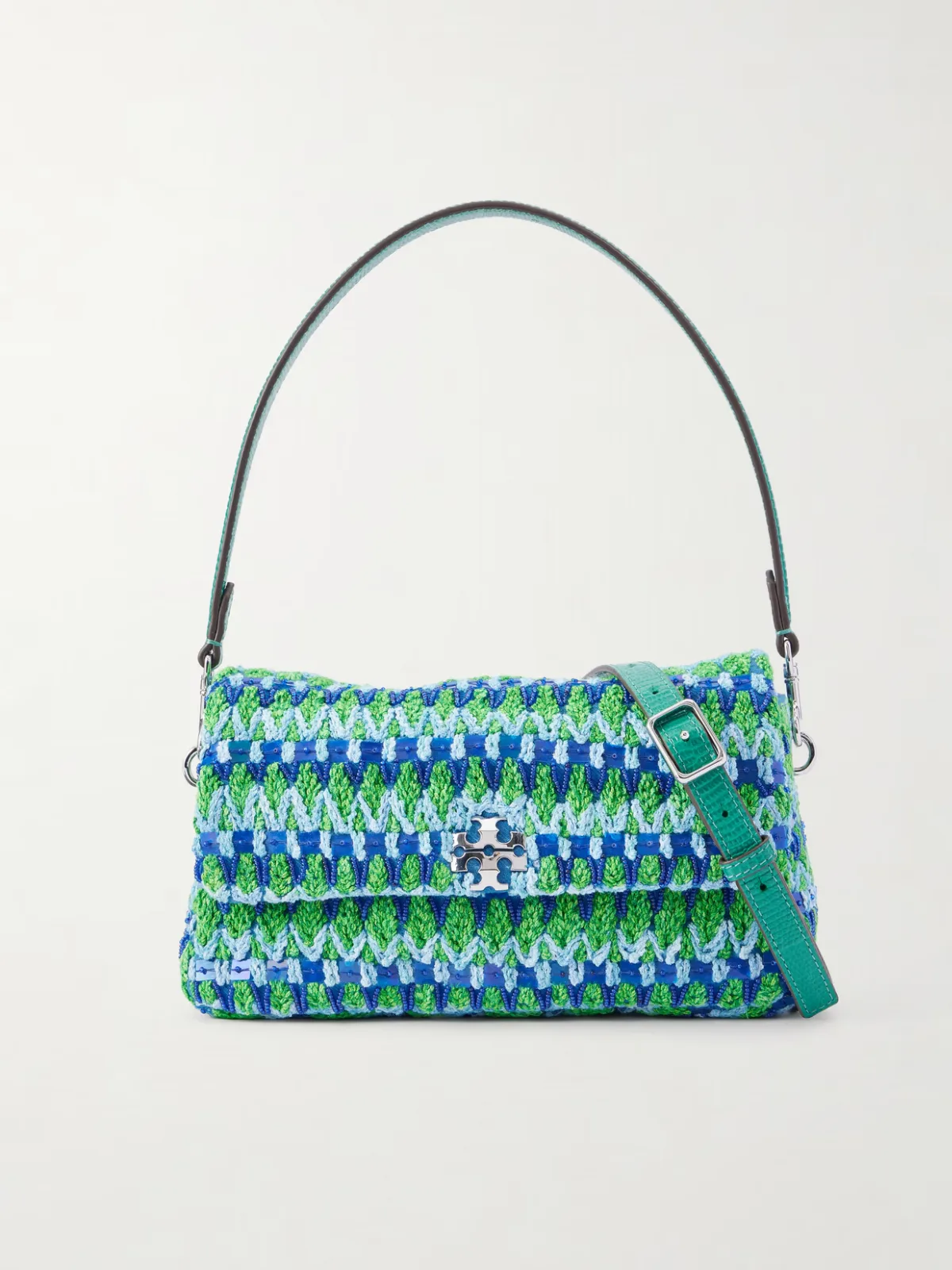 Charlie Embellished Snake-Effect Leather-Trimmed Crocheted Shoulder Bag