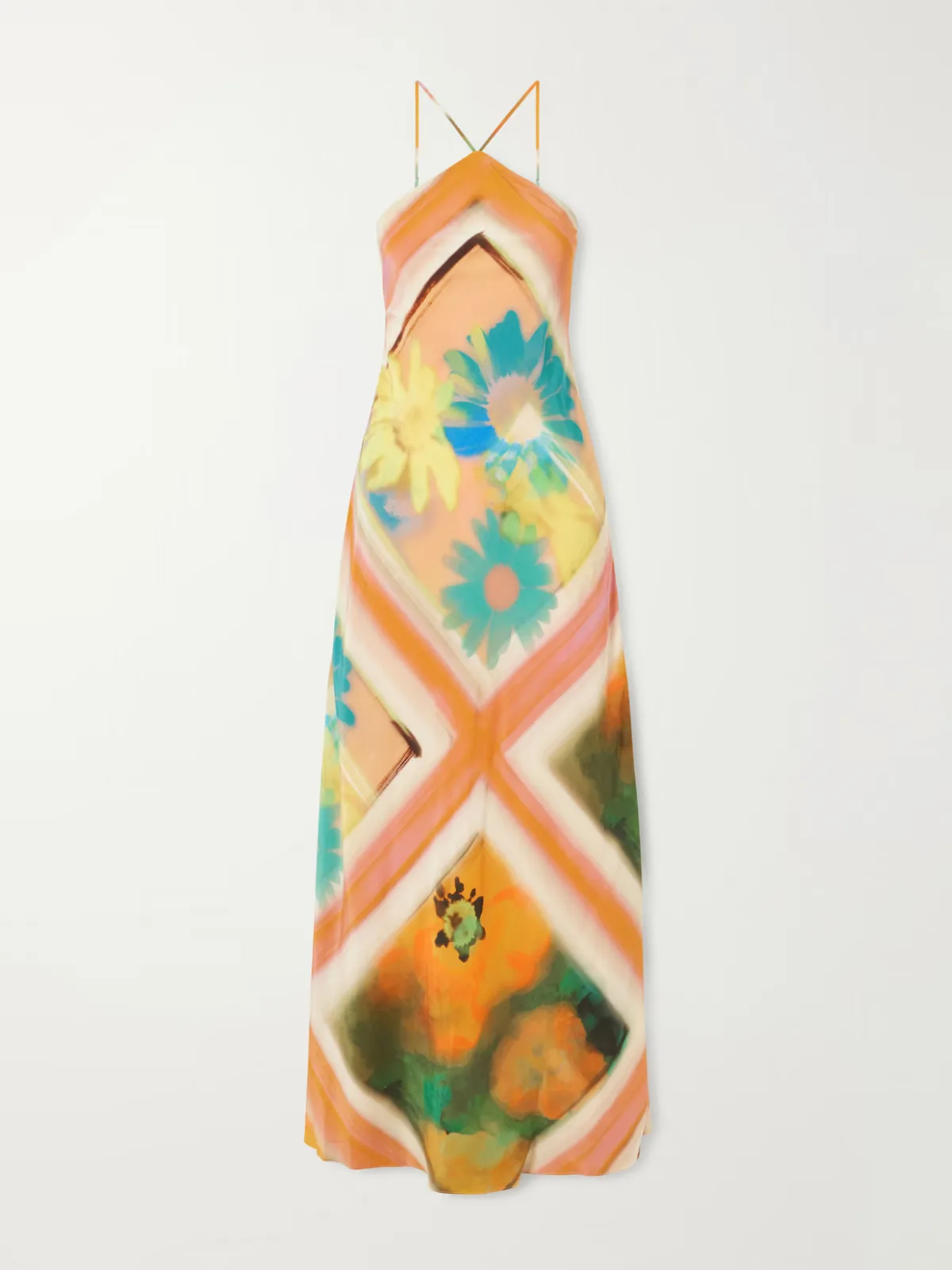 Cubism Striped Floral-Print Satin Maxi Dress