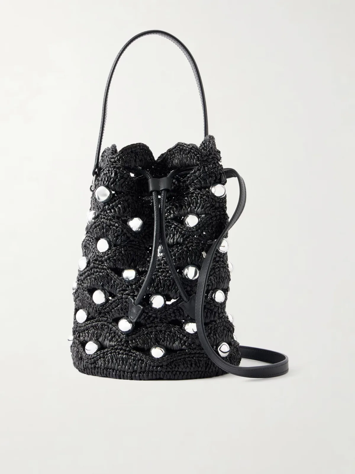 Embellished Leather-Trimmed Raffia Crossbody Bag