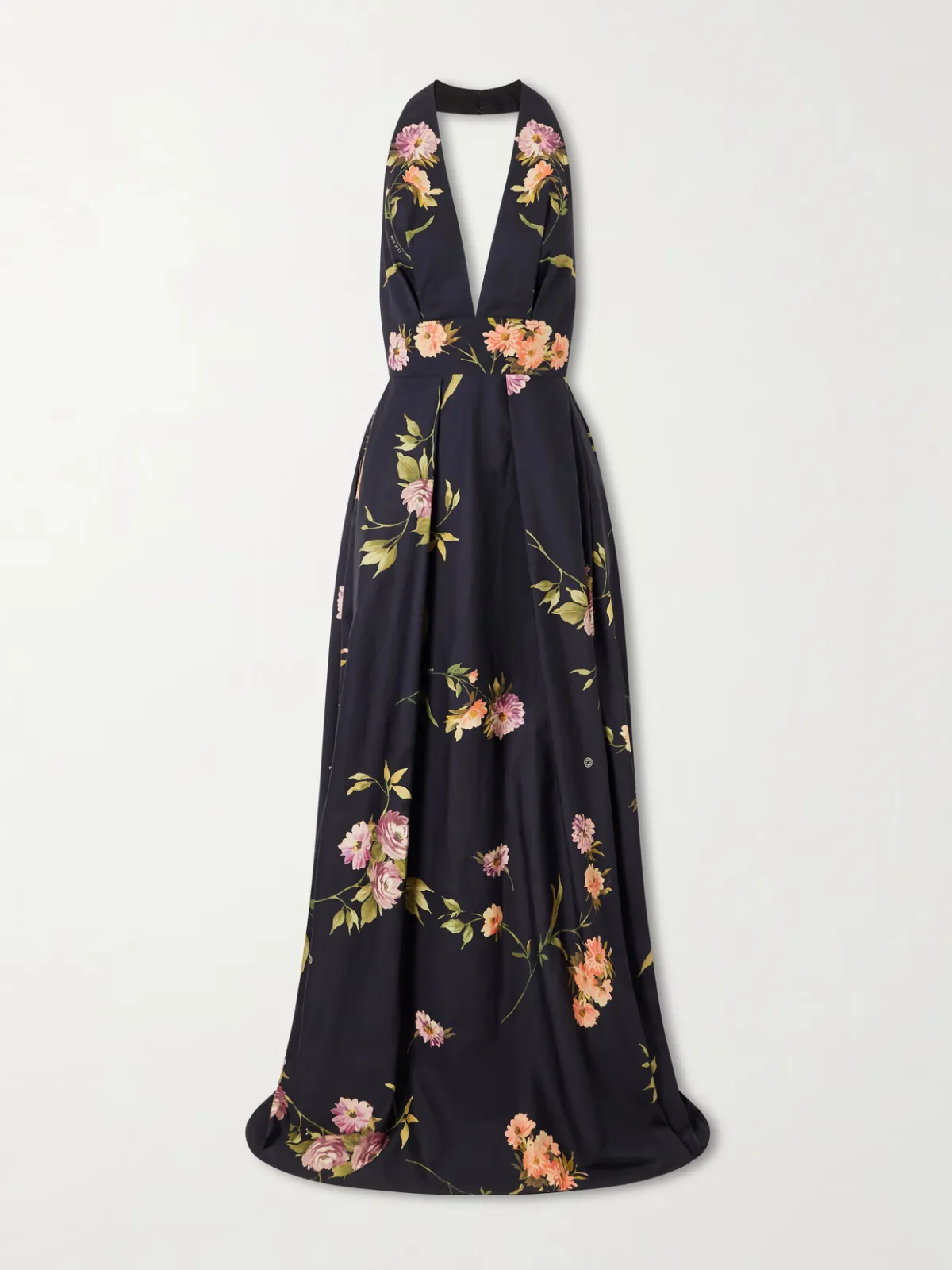 Pleated Floral-Print Cotton-Poplin Halterneck Gown