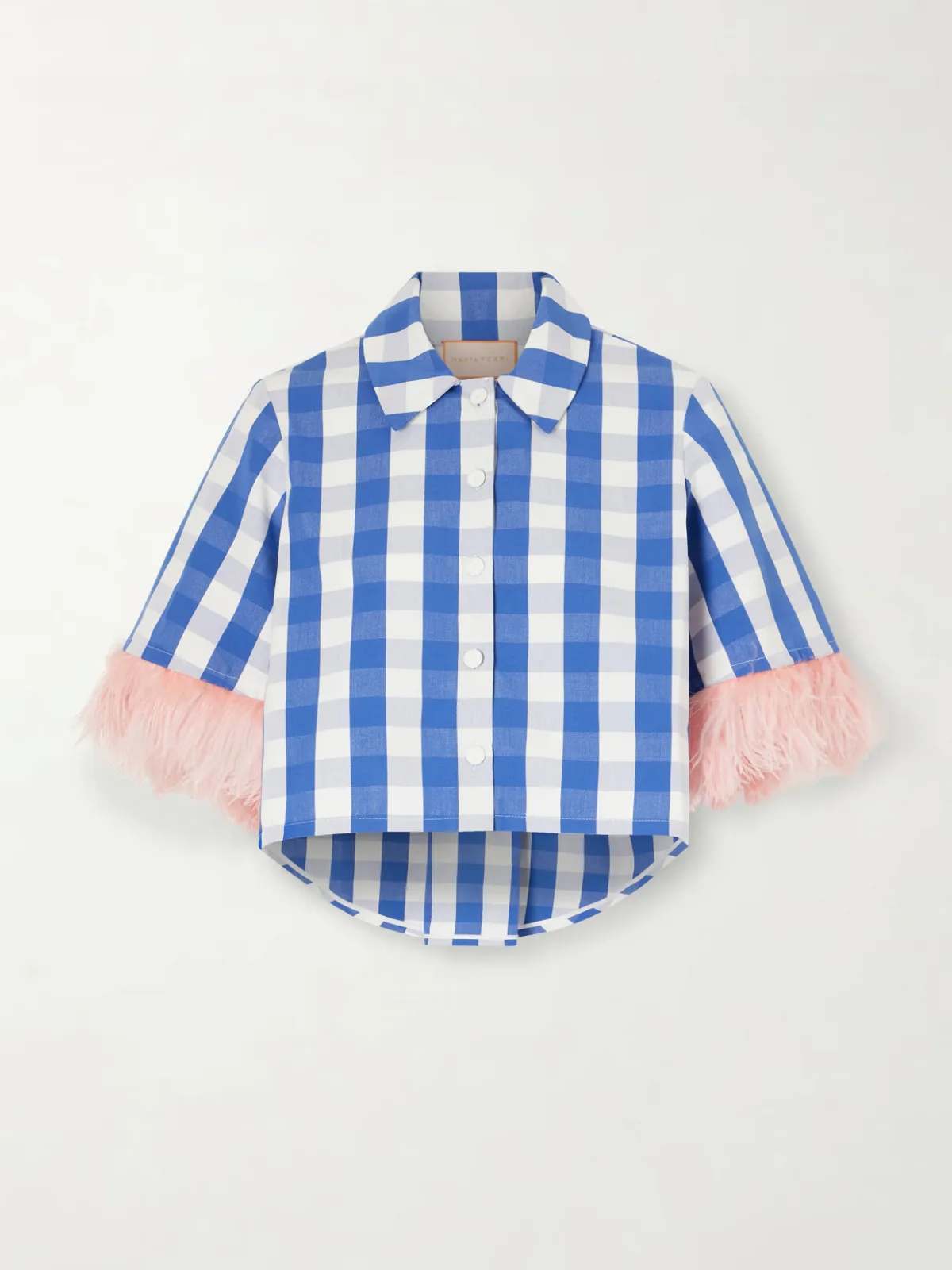 Picnic Cropped Checked Feather-Trimmed Cotton-Blend Blouse