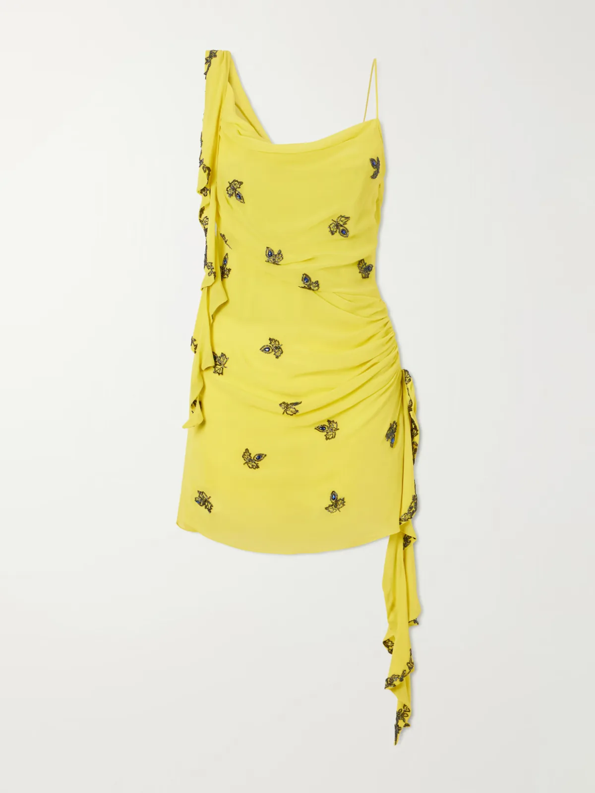 Isola Asymmetric Gathered Embellished Chiffon Mini Dress