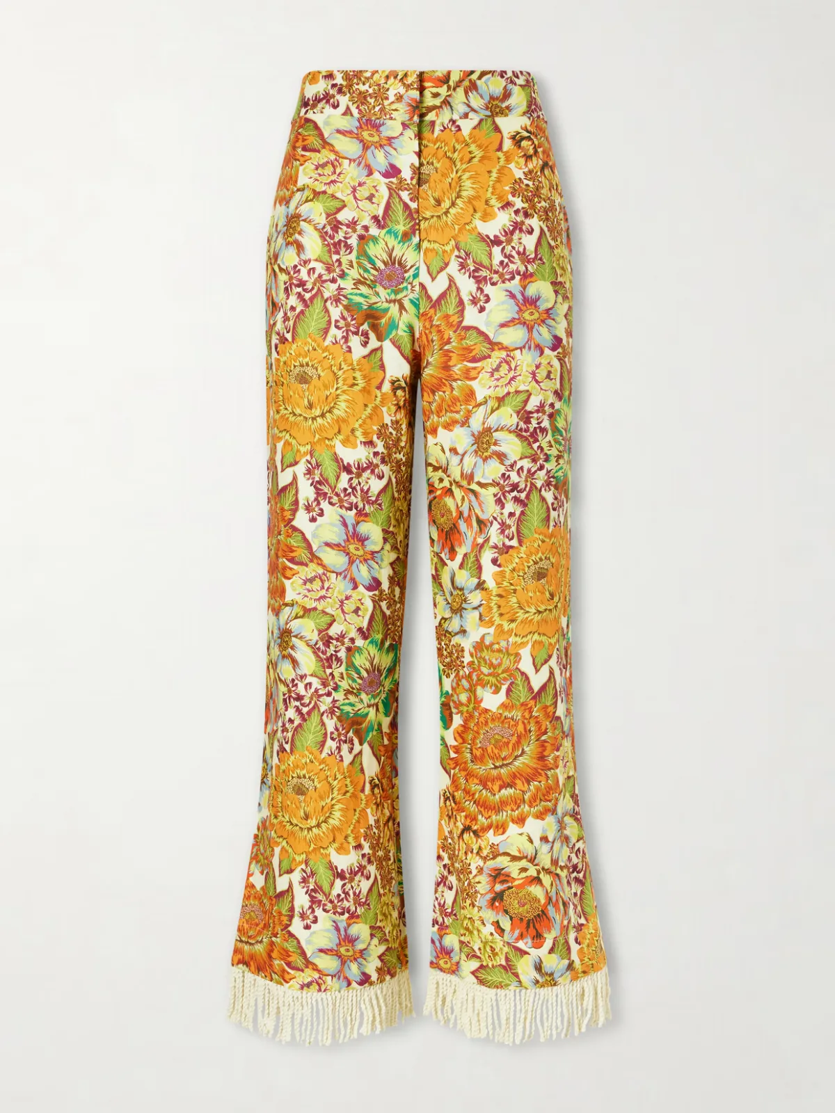 Lana Fringed Floral-Print Linen Flared Pants
