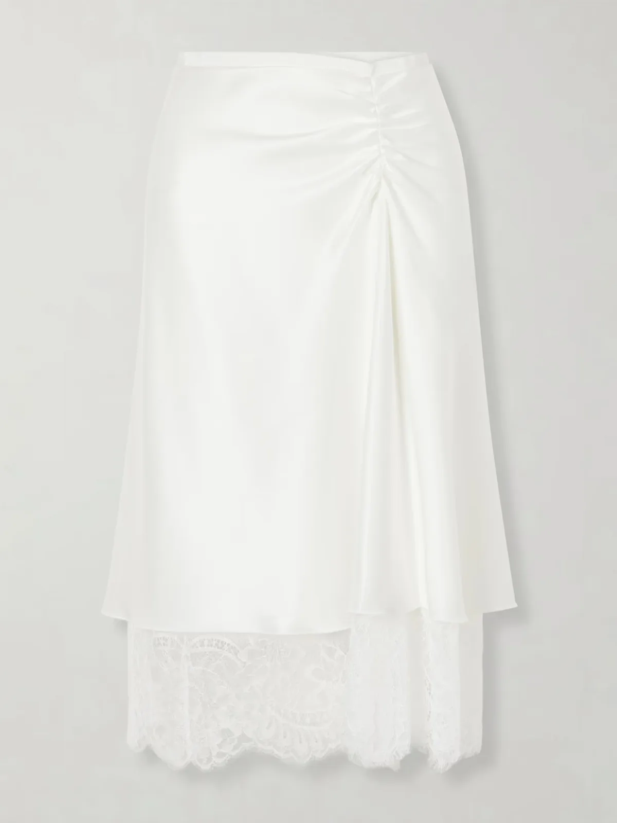 Ingrid Layered Gathered Lace-Trimmed Satin Midi Skirt