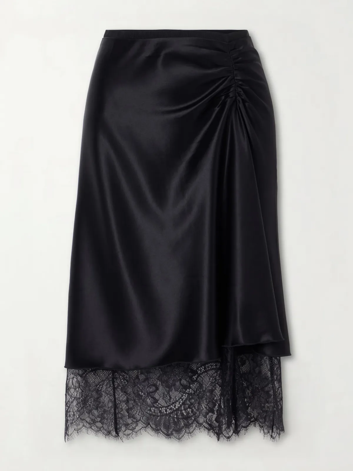 Ingrid Lace-Trimmed Ruched Satin Midi Skirt