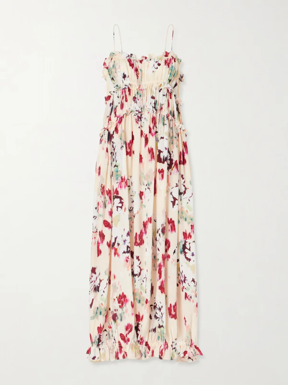 Clove Floral-Print Ruched Silk Maxi Dress