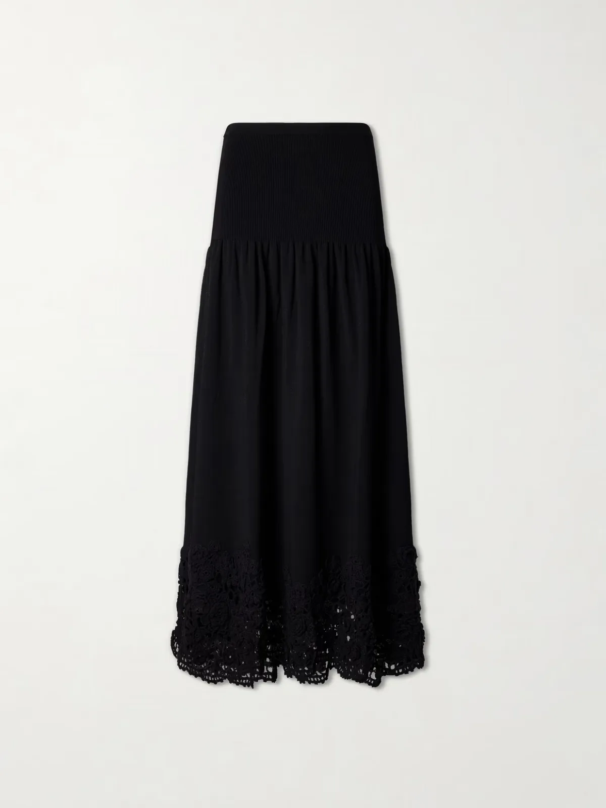 Leona Crochet-Trimmed Ribbed Midi Skirt