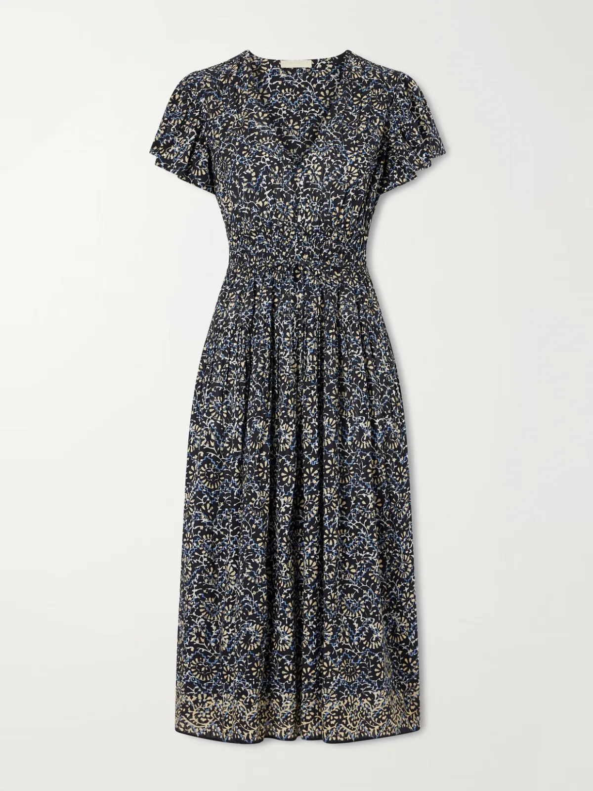 Lyria Gathered Printed Cotton-Blend Midi Dress