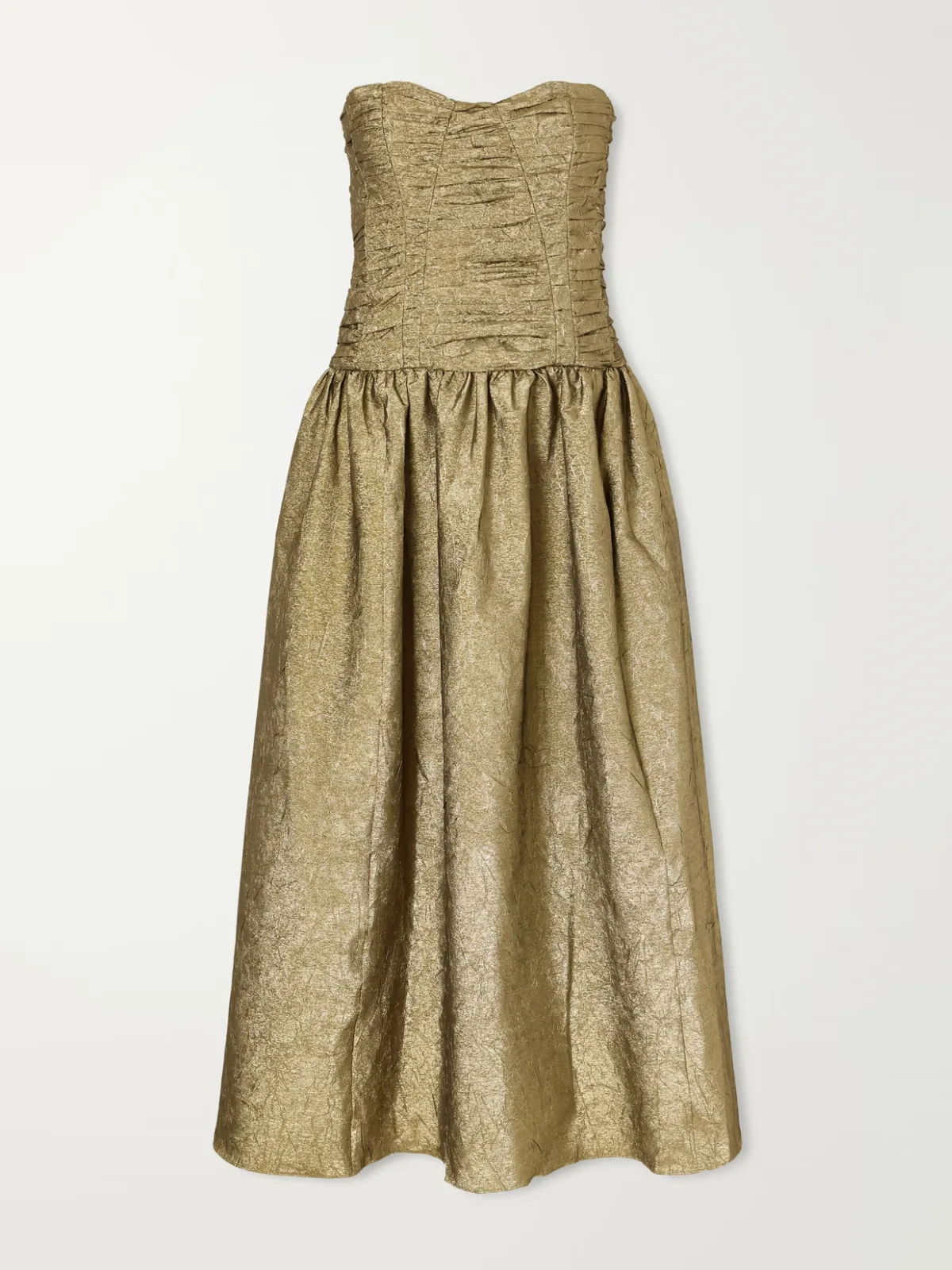 Lumina Strapless Gathered Crinkled Taffeta Midi Dress