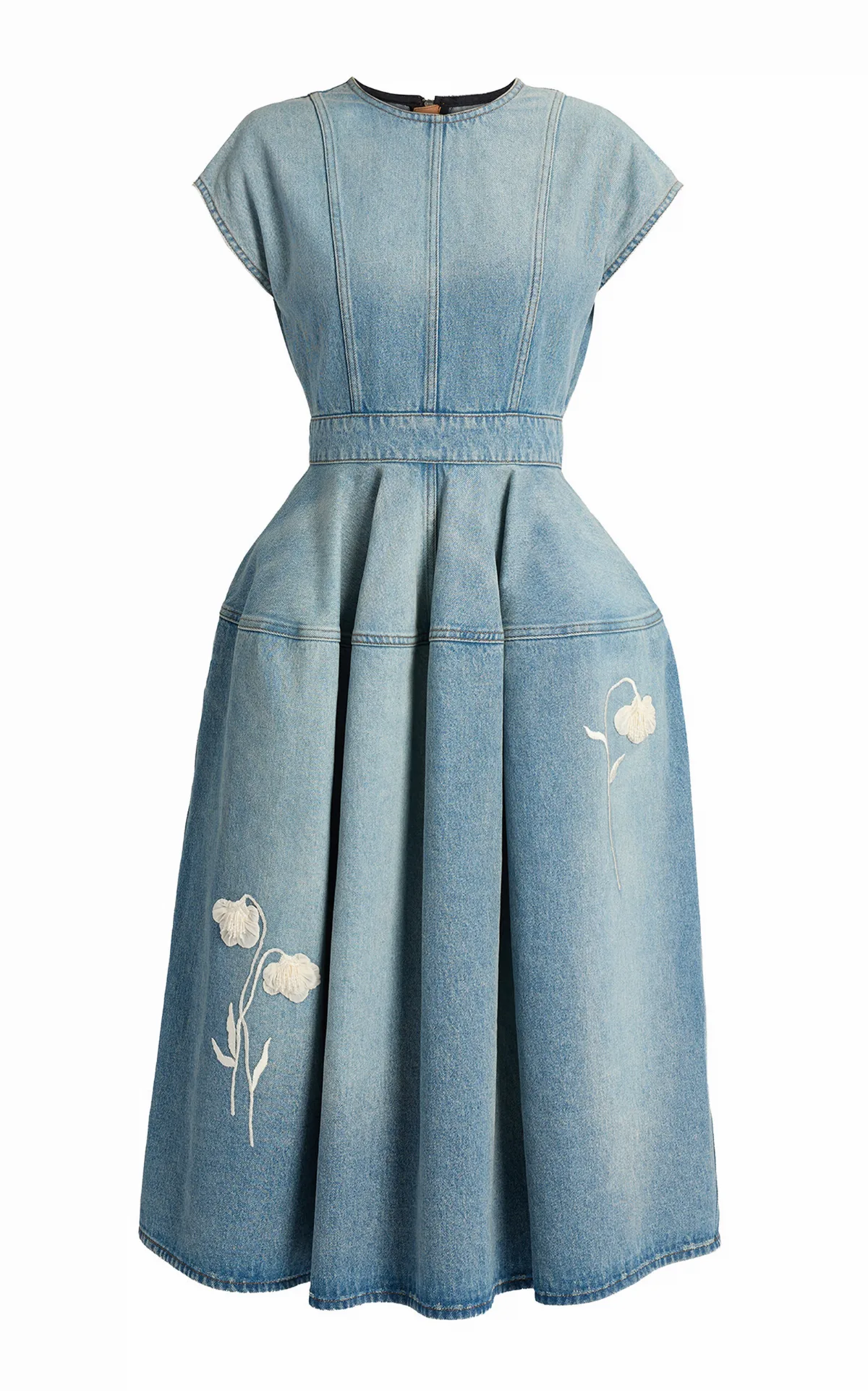 Embroidered Denim Cotton Midi Dress