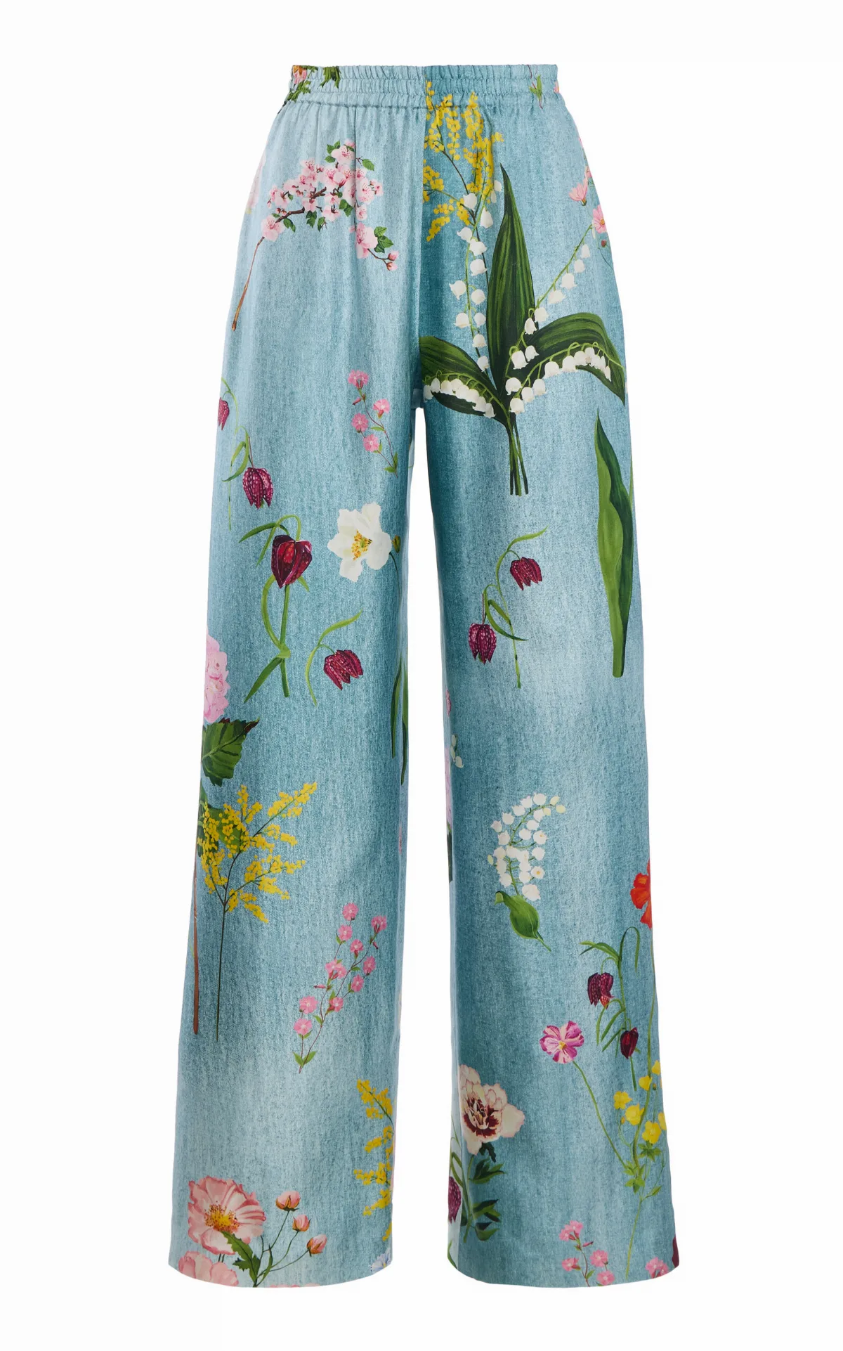 Mixed Botanical Silk-Twill Wide-Leg Pants