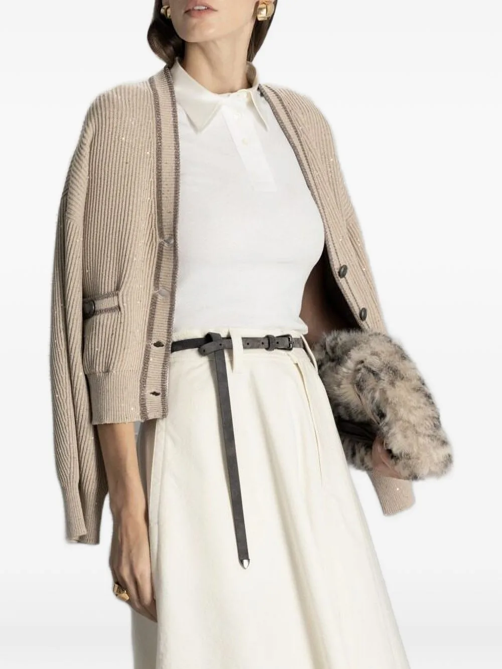 Sequin-Embellished Ribbed Cardigan