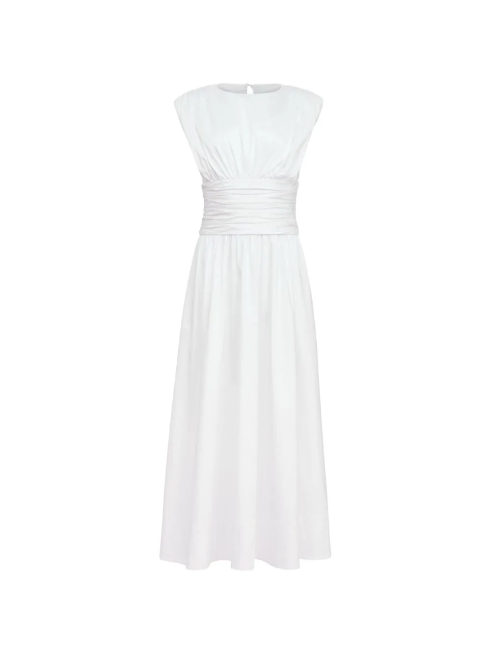 Evangeline Strong-Shoulder Ruched Midi Cotton Dress