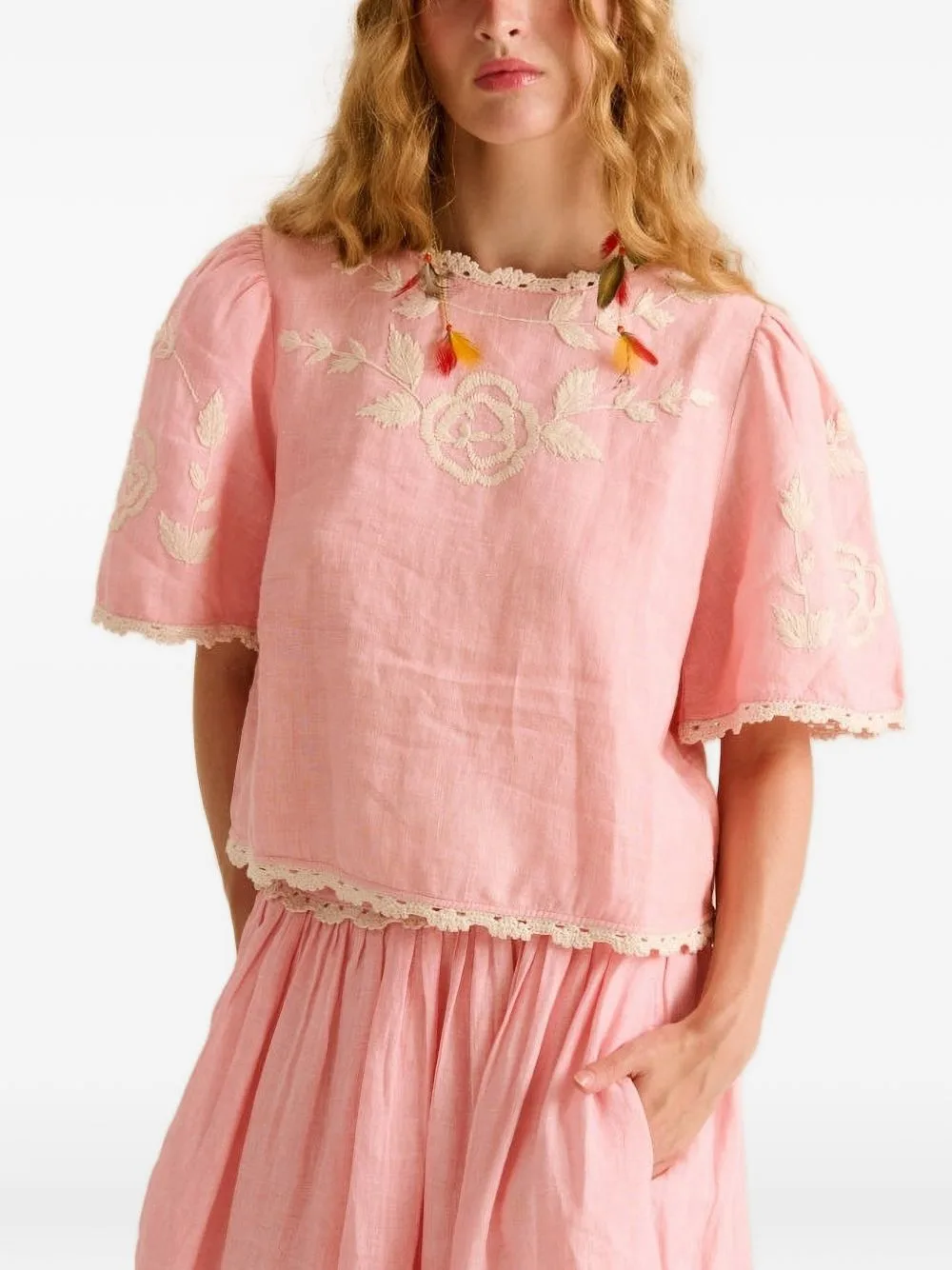 Lela Embroidered Lace-Trim Top