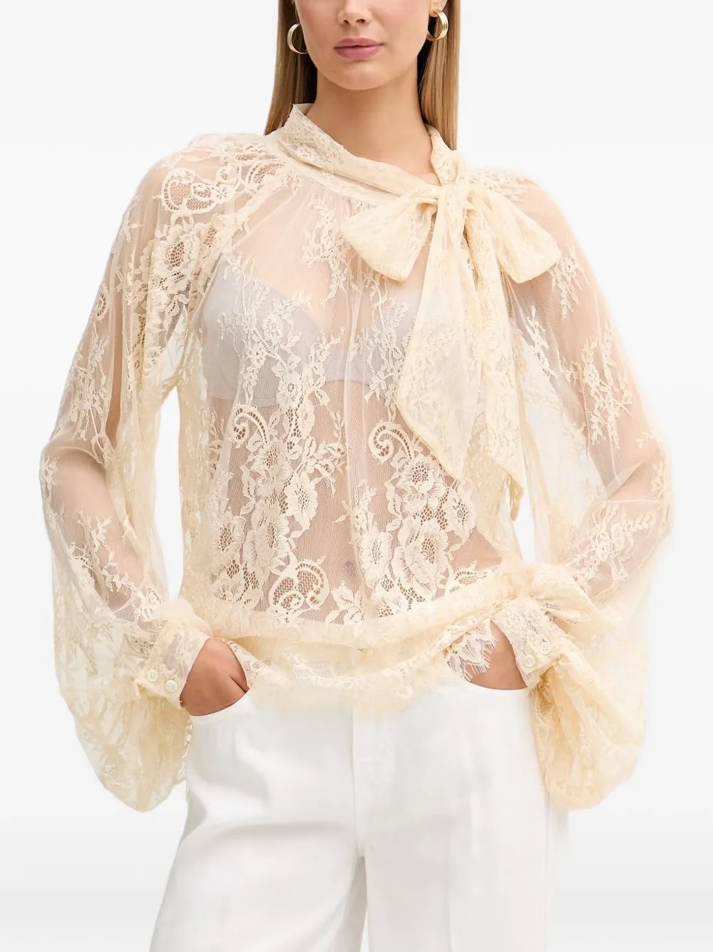 Bow-Detail Floral-Lace Blouse